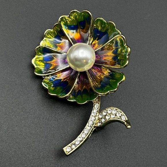 Yellow Gold with White Diamond Crystal and Pearl Enamel Flower Pin Back Brooch - Picture 2 of 9